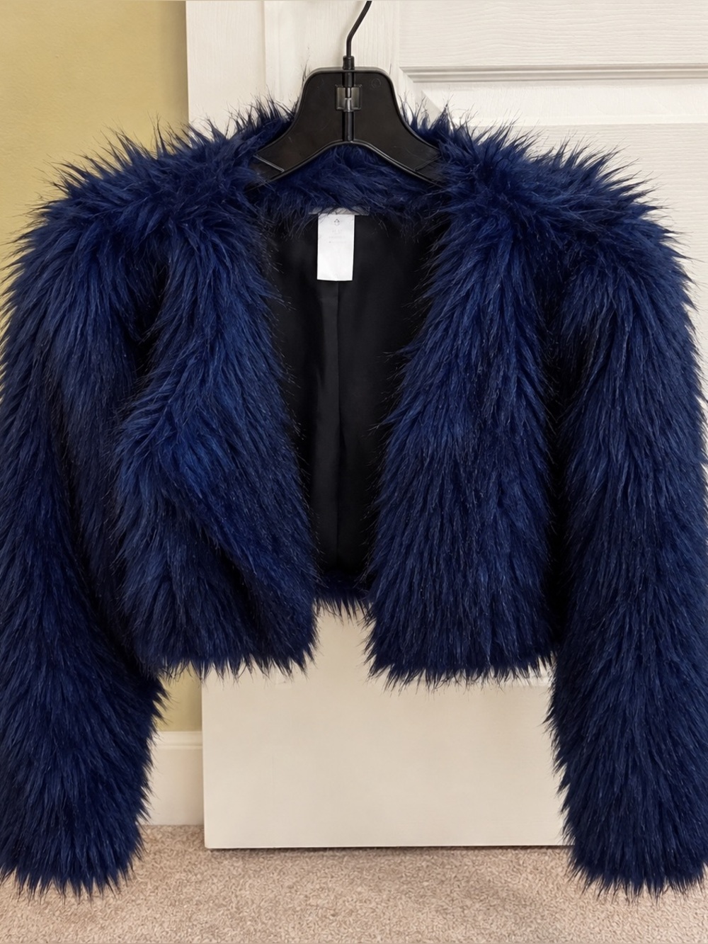 love, Fire Faux Fur Cropped Jacket in Deep Navy